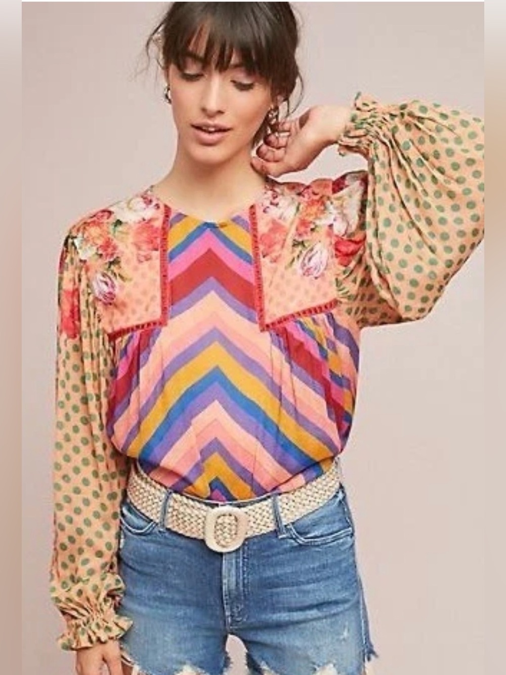 Anthropologie Bl-nk London Miranda Peasant Blouse Floral Chevron Striped Boho XS